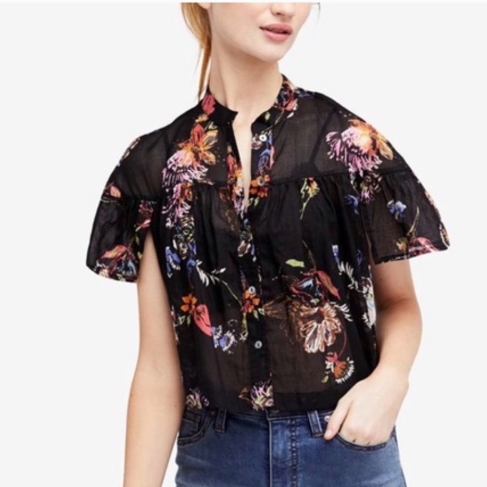 Free People Floral‎ Button Down Top Black Cotton Short Flutter Sleeve Blouse S